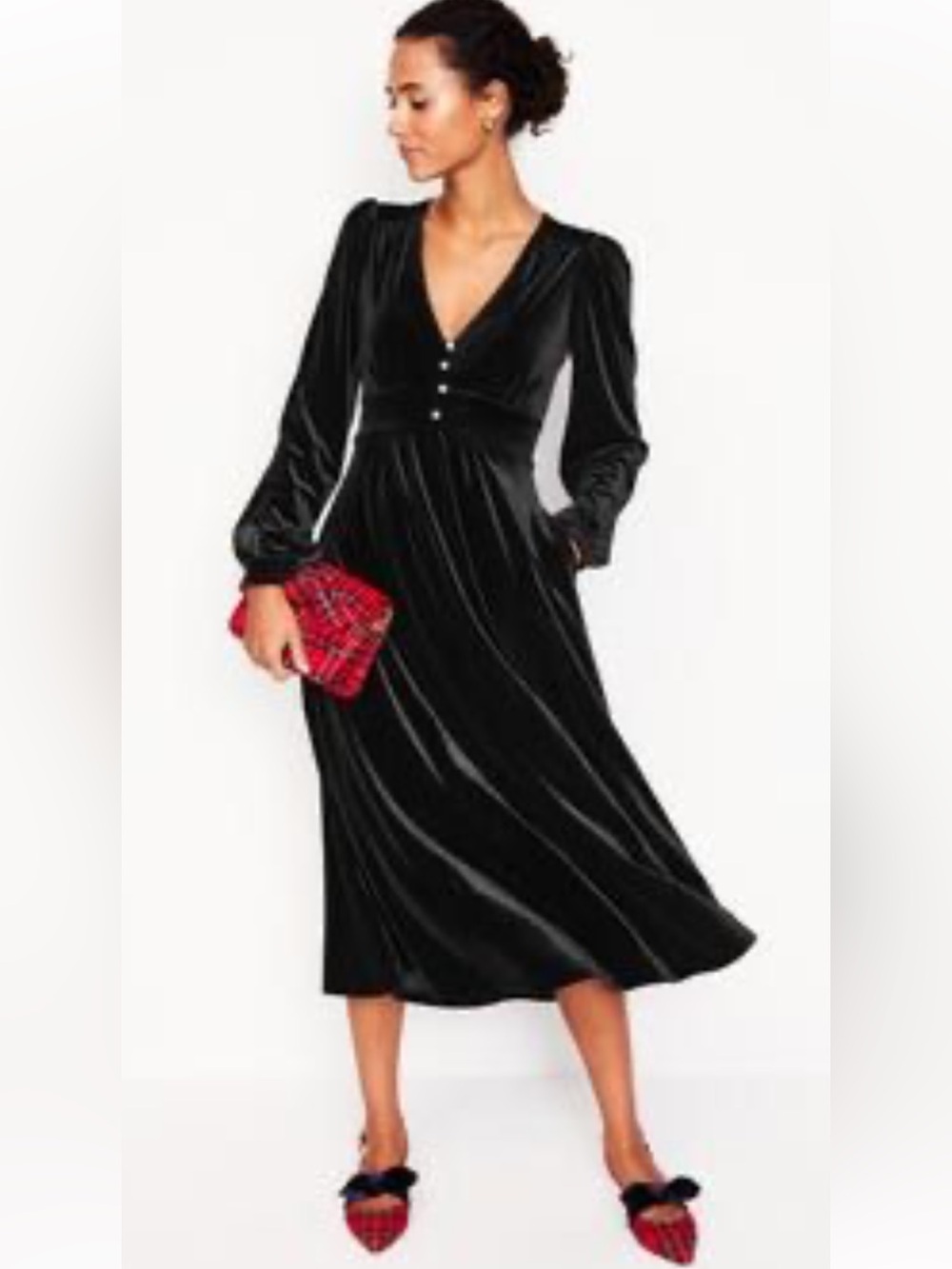 Boden Jocelyn Velvet Tea Dress Deep V-Neckline with Crystal Buttons Black Size 8